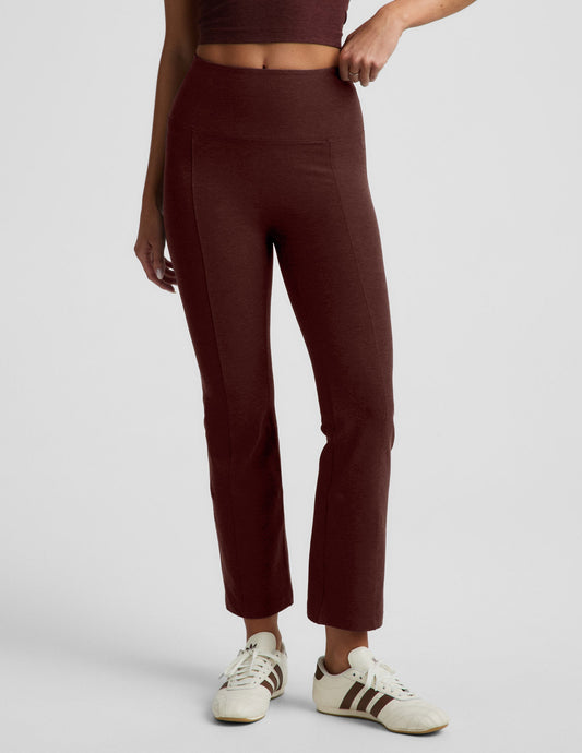 Woman wearing Maroon Spacedye™ Pintuck Kick Flare High Waisted Pant with a matching crop top and cream sneakers.
