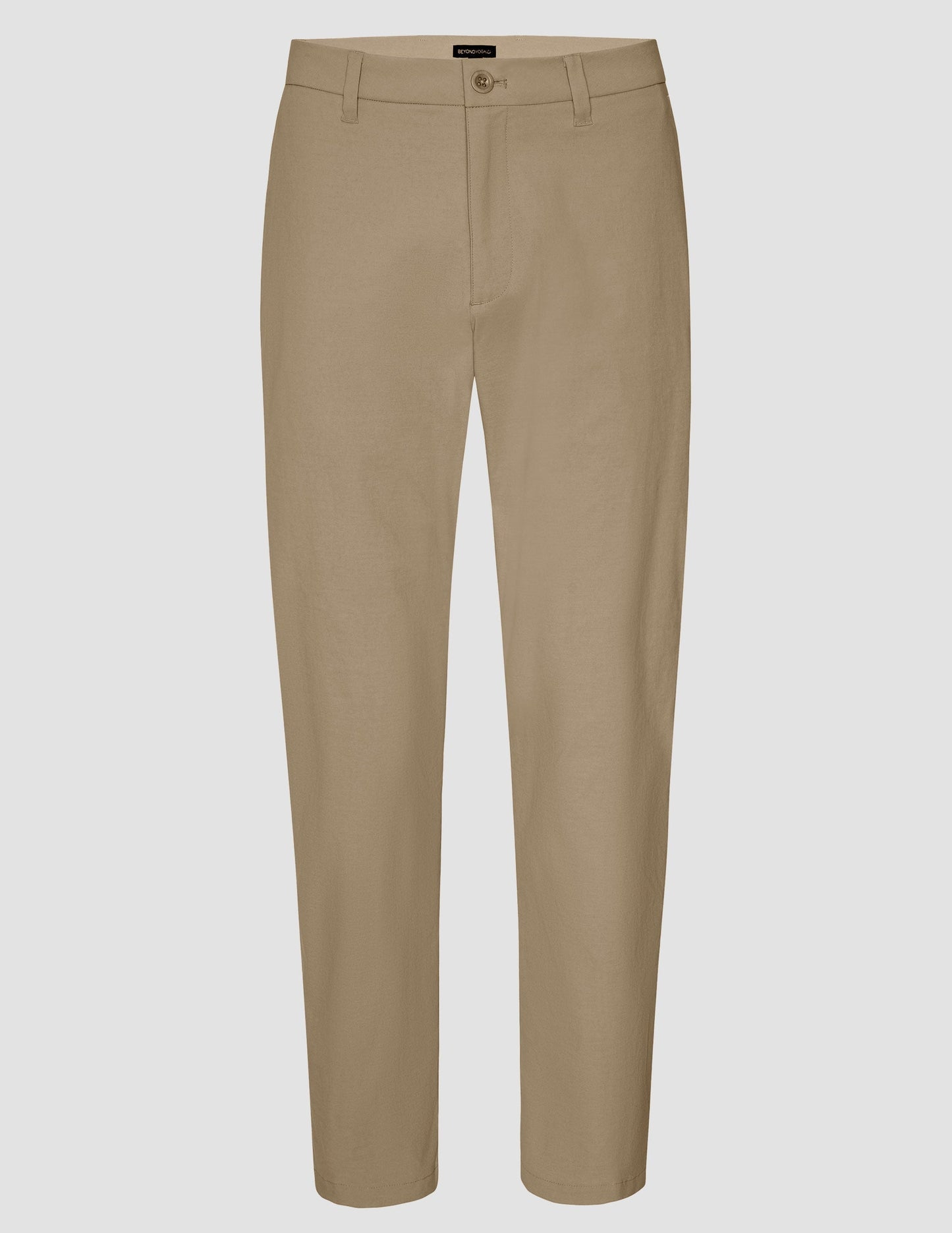 Front view of the Essential Men's Chino 32" Trouser in beige, featuring a straight leg, belt loops, and button closure.