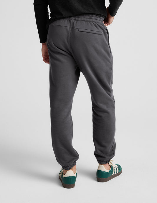 Rear view of gray Classic Fleece Men's Jogger featuring a relaxed fit, elastic waistband, and zippered back welt pocket.