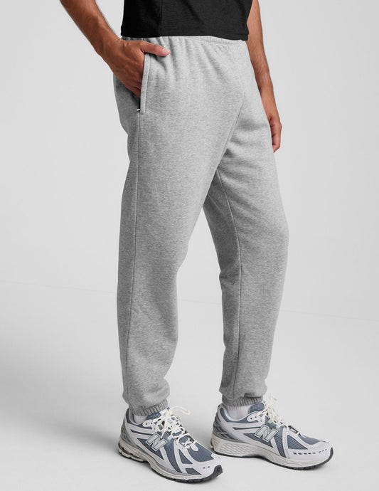 Grey marled Classic Fleece Men's Jogger with a relaxed fit, elastic waistband, side pockets, and gathered elastic cuffs.