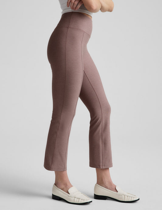 Side view of brown Spacedye Pintuck Kick Flare High Waisted Pant featuring a high rise, pintuck seams, and flared hem.