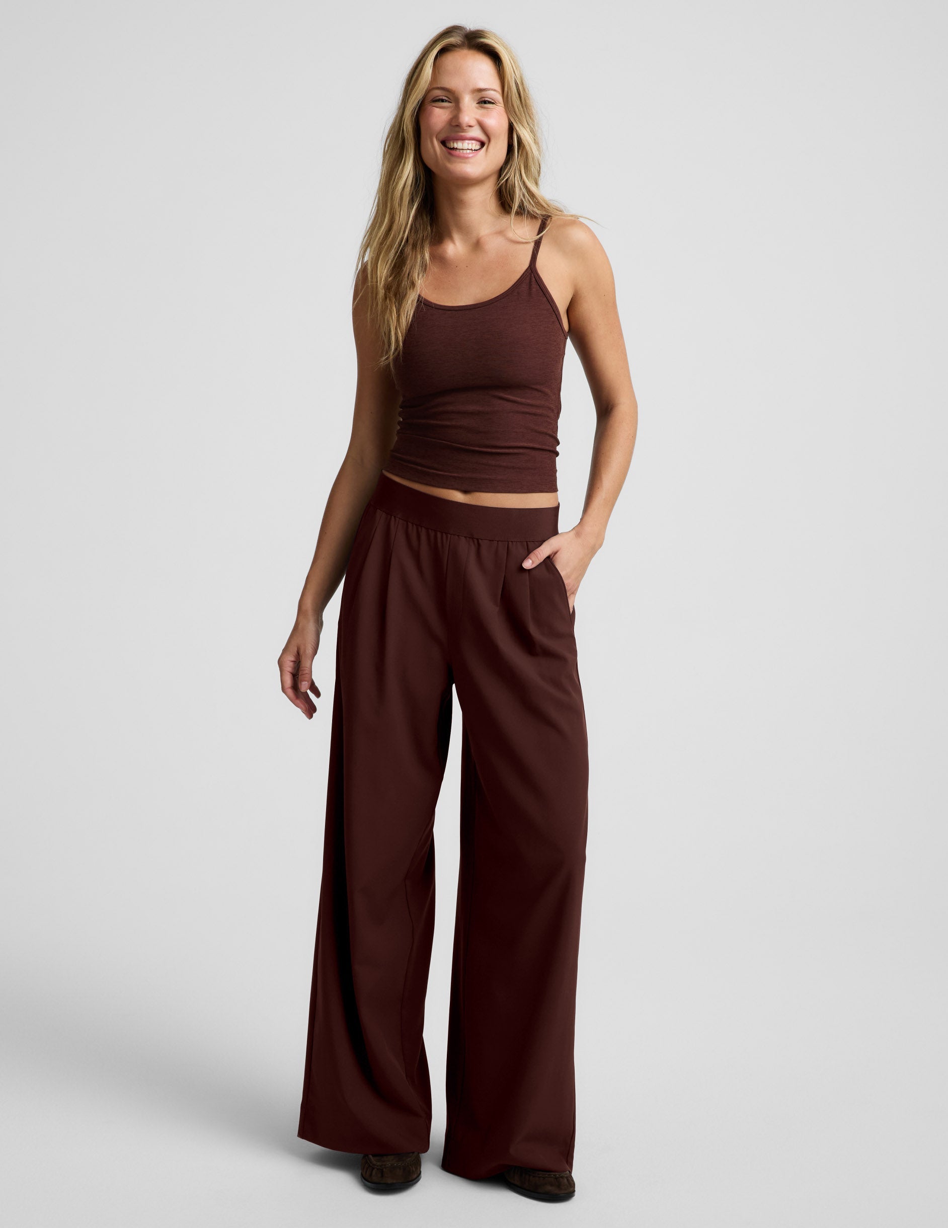 Woman wearing Brown Elasticated Wide Leg Pant 29" with a matching camisole, featuring pleats and slanted pockets.