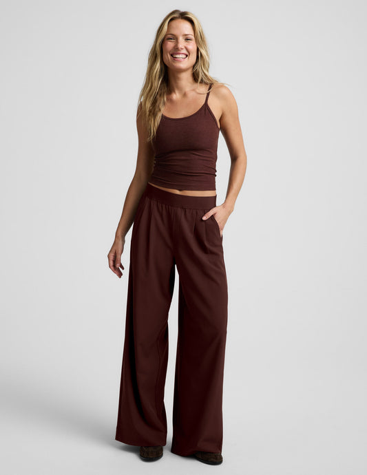 Woman wearing Brown Elasticated Wide Leg Pant 29" with a matching camisole, featuring pleats and slanted pockets.