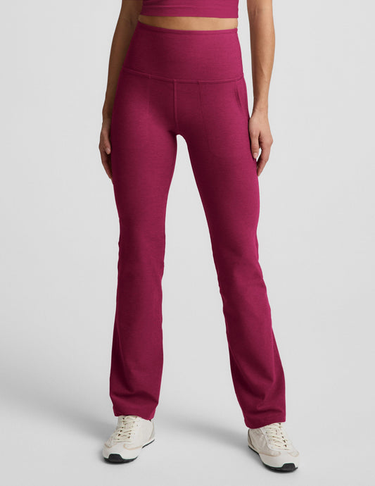 Woman wearing Fuchsia Spacedye™ High Waisted Practice Pocket Bootcut Pant 31" paired with a matching top and sneakers.
