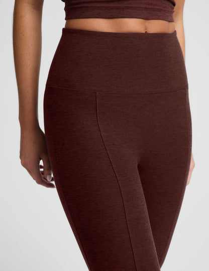 Close-up of Maroon Spacedye™ Pintuck Kick Flare High Waisted Pant on woman, showing pintuck seam and matching crop top.