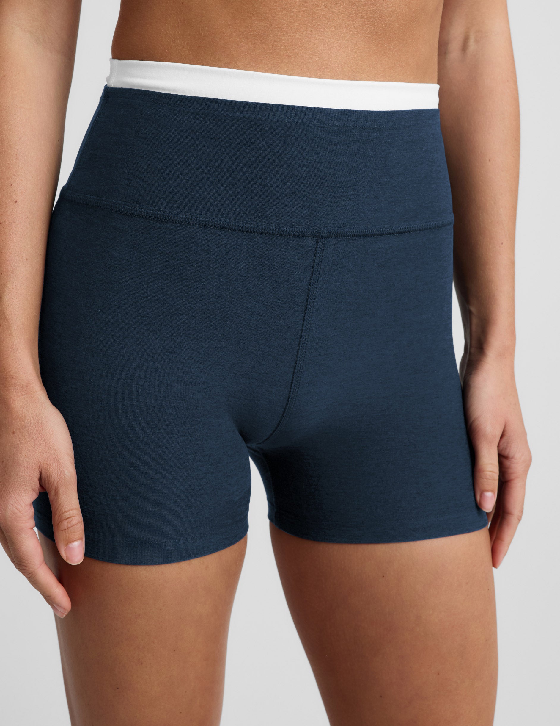 Woman wearing Navy Spacedye™ Layered 3" Short with a white contrast waistband and forward-facing side seams.