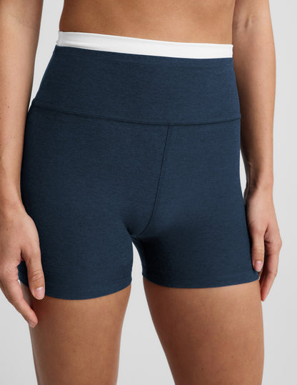 Woman wearing Navy Spacedye™ Layered 3" Short with a white contrast waistband and forward-facing side seams.