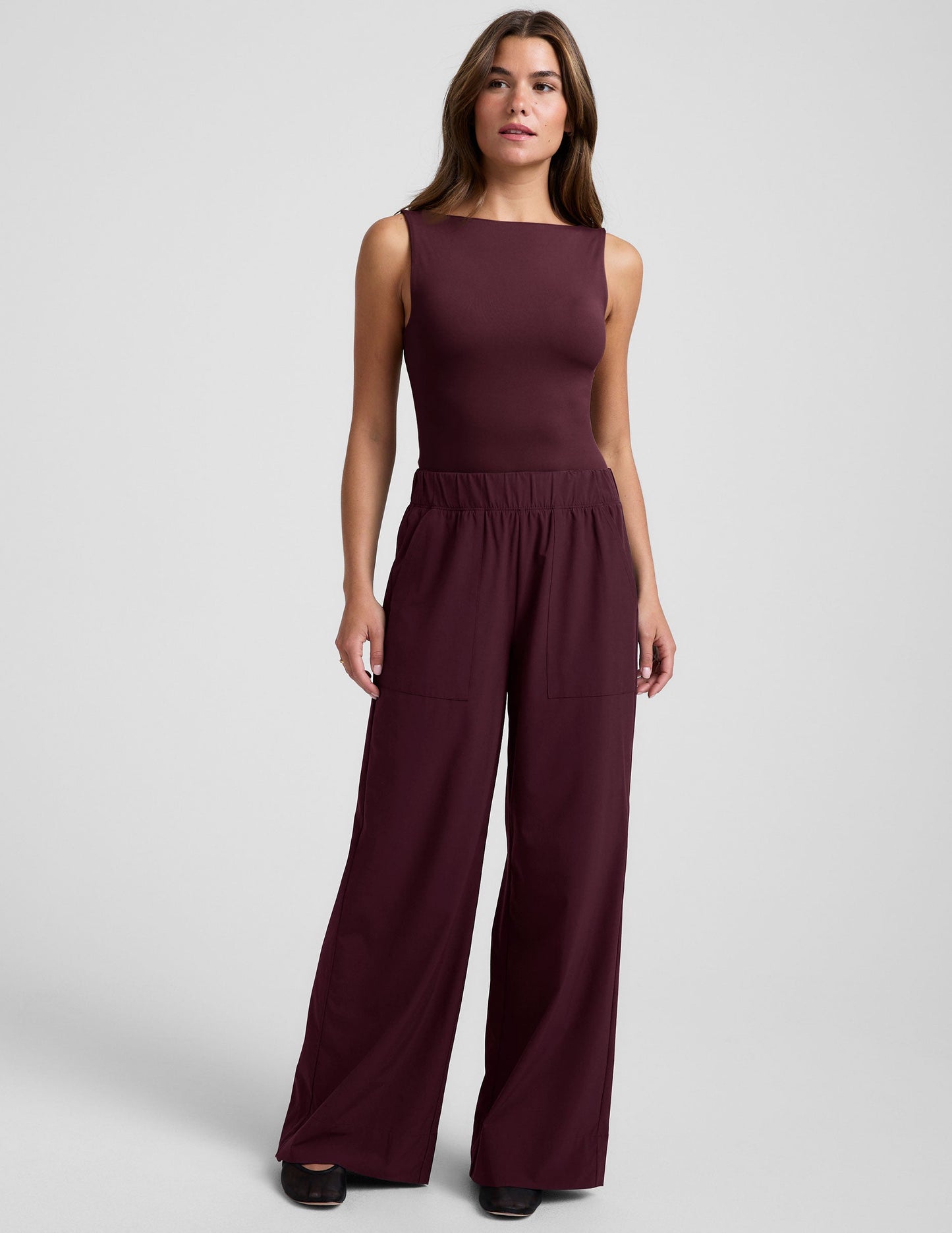 red boat neck tank top with a square back neckline.