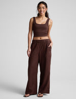 Brown SoftWash Linen Easy Wide Leg Pant on a model with slant pockets, mid-rise elastic waist, and a relaxed, wide fit.