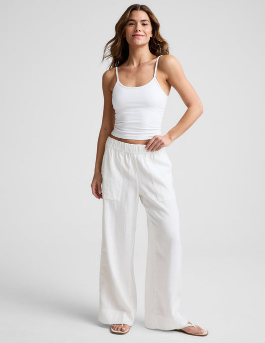 Full-length view of cream SoftWash Linen Easy Wide Leg Pant 29" on a model, featuring wide legs and front slant pockets.