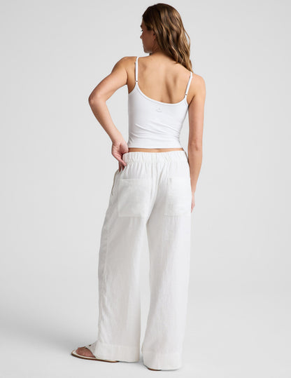 Back view of the cream SoftWash Linen Easy Wide Leg Pant 29" showing the gathered elastic waistband and back pockets.