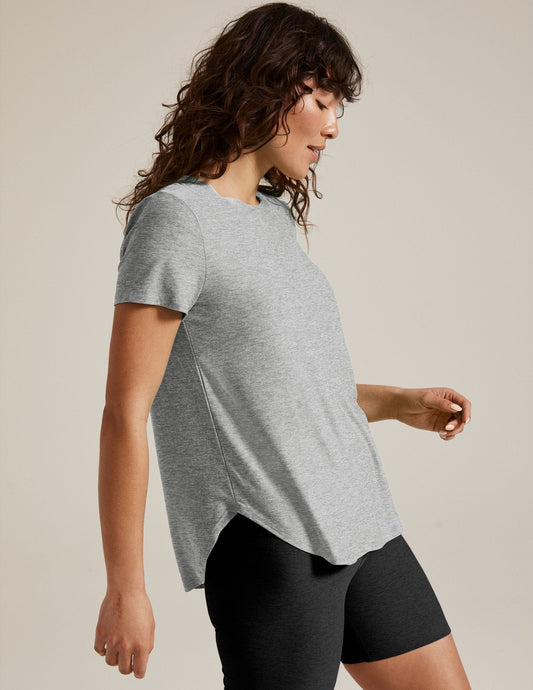 silver short sleeve t-shirt.