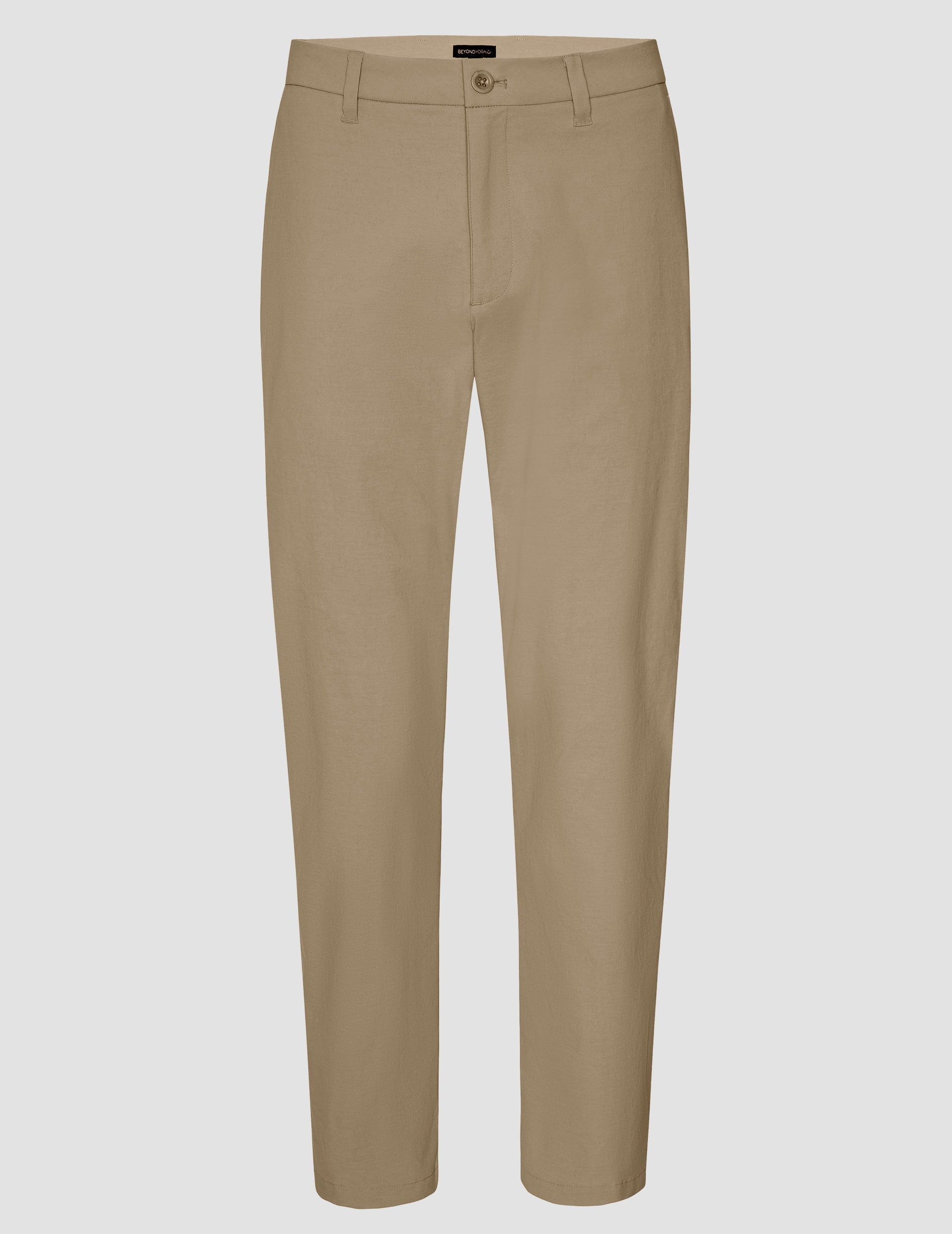 Front view of the Essential Men's Chino 32" Trouser in beige, featuring a straight leg, belt loops, and button closure.