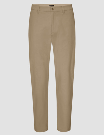 Front view of the Essential Men's Chino 32" Trouser in beige, featuring a straight leg, belt loops, and button closure.