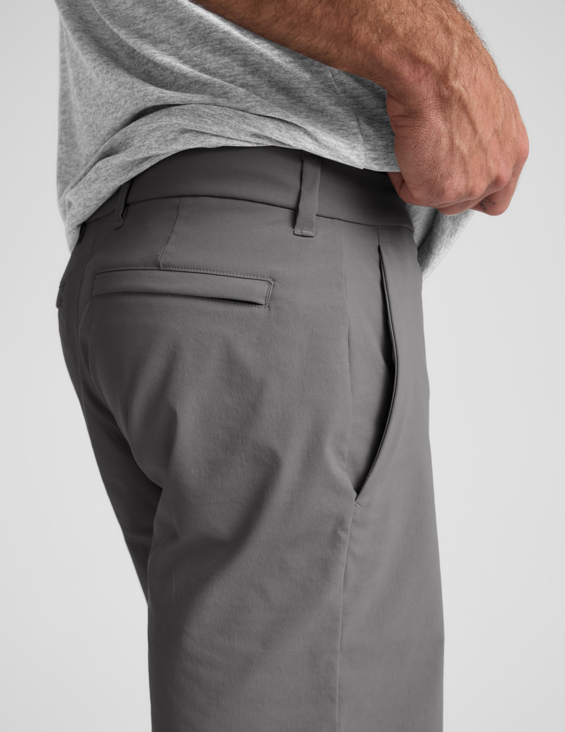 Side view of the gray Element Men's Chino Short 7" featuring tailored back welt and side pockets with belt loops.