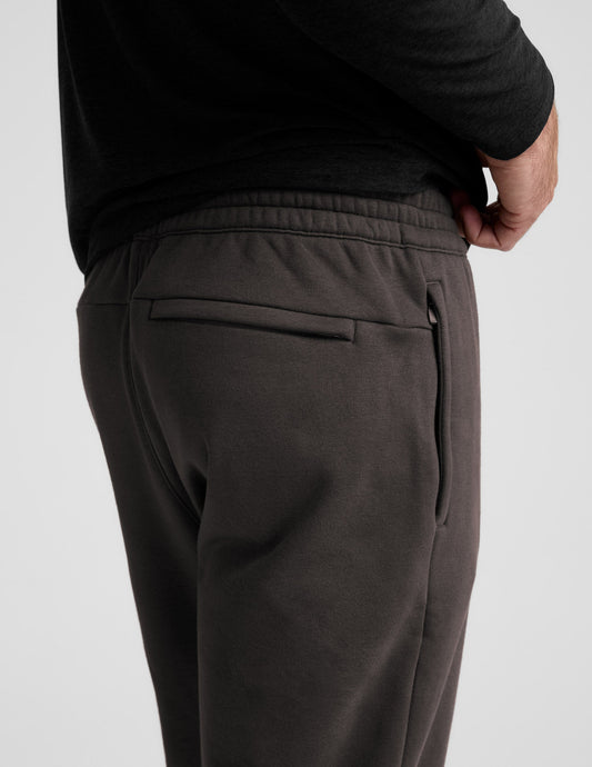 Back view of Java Classic Fleece Men's Jogger highlighting the elastic waistband, welt pocket, and side zippered pocket.