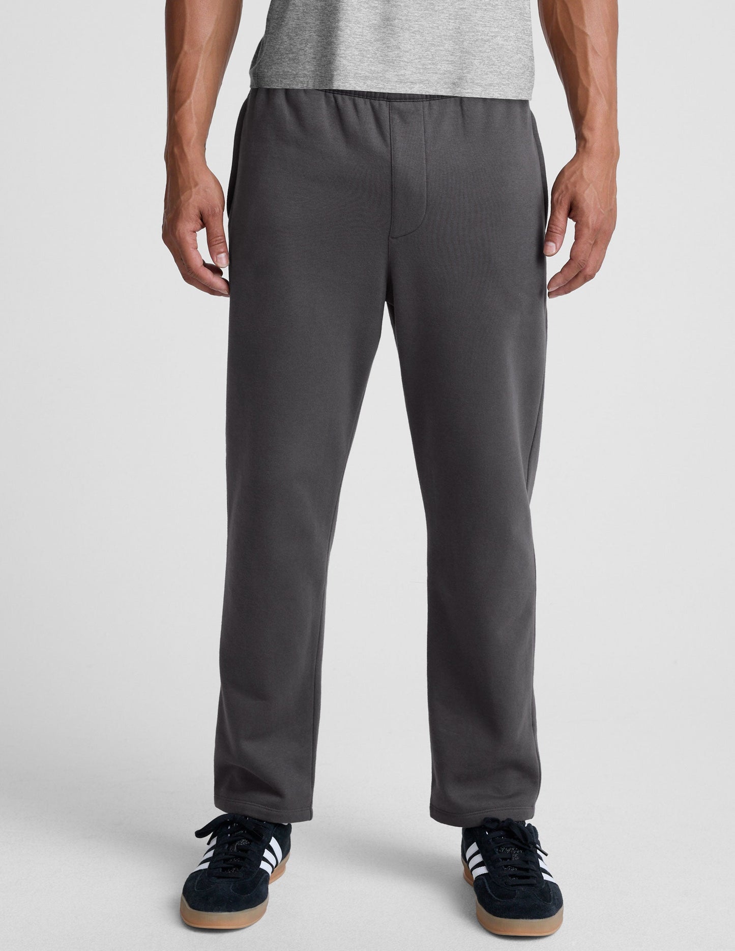 LuxeFleece Men's Straight Leg Pant in dark gray fleece featuring a relaxed straight-leg fit and an elastic waistband.