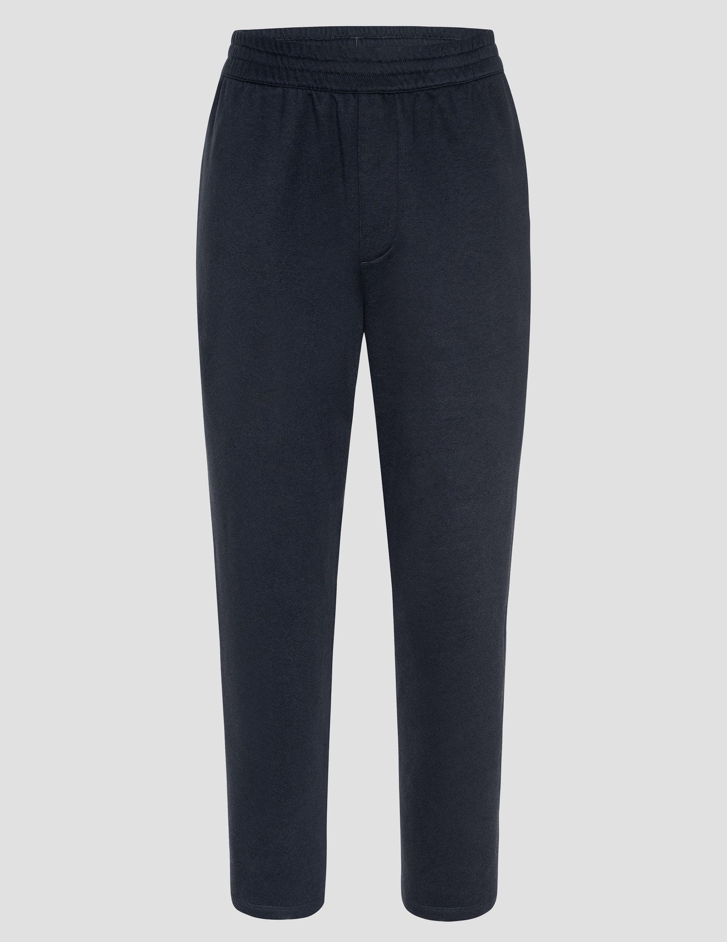 Front view of LuxeFleece Men's Straight Leg Pant in navy, featuring an elastic waistband and relaxed, straight cut.