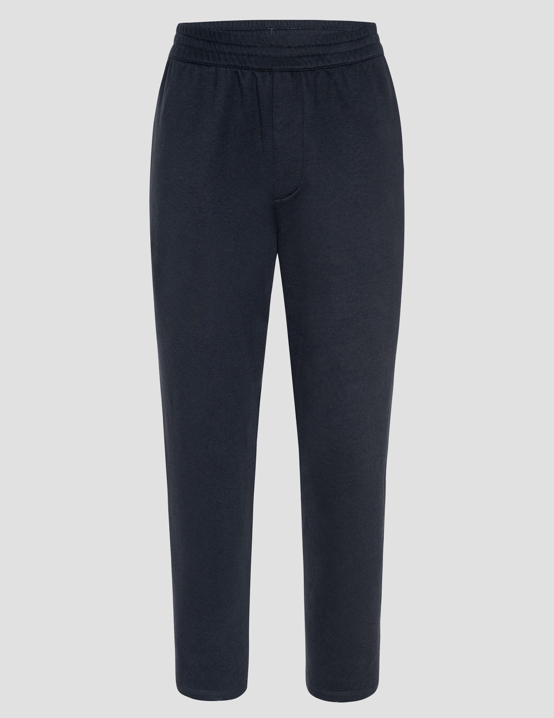 Front view of LuxeFleece Men's Straight Leg Pant in navy, featuring an elastic waistband and relaxed, straight cut.