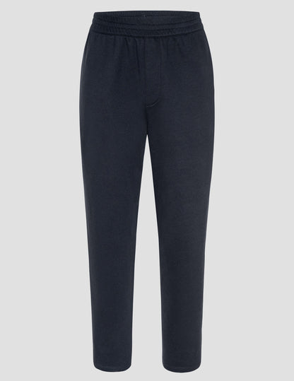 Front view of LuxeFleece Men's Straight Leg Pant in navy, featuring an elastic waistband and relaxed, straight cut.