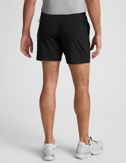 Rear view of the black Pivotal 2.0 Men's Short 7" featuring an elastic waistband and a back yoke zipper pocket.