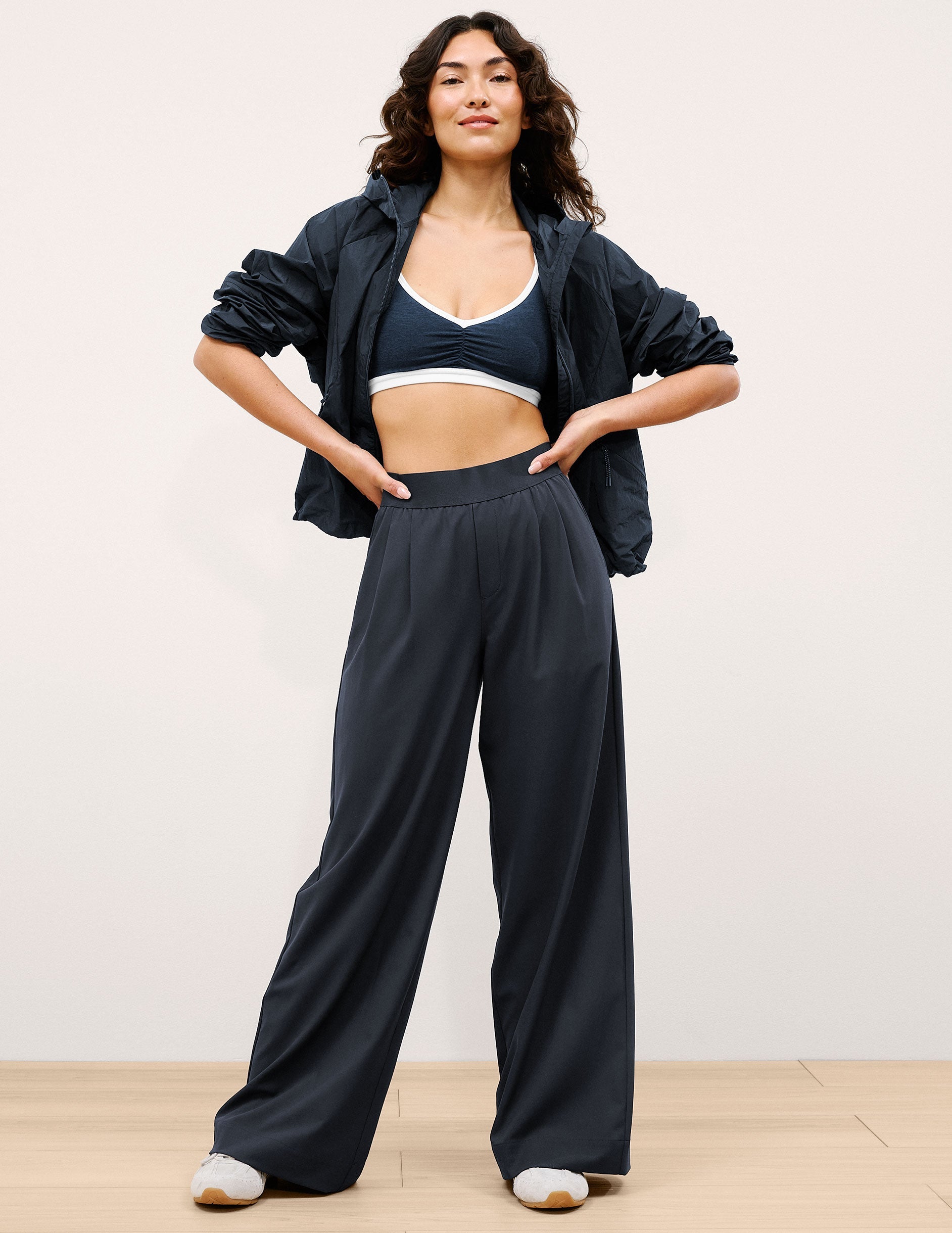 Navy Elasticated Trouser Pant 29" with a wide-leg silhouette and mid-rise elastic waistband on a model.