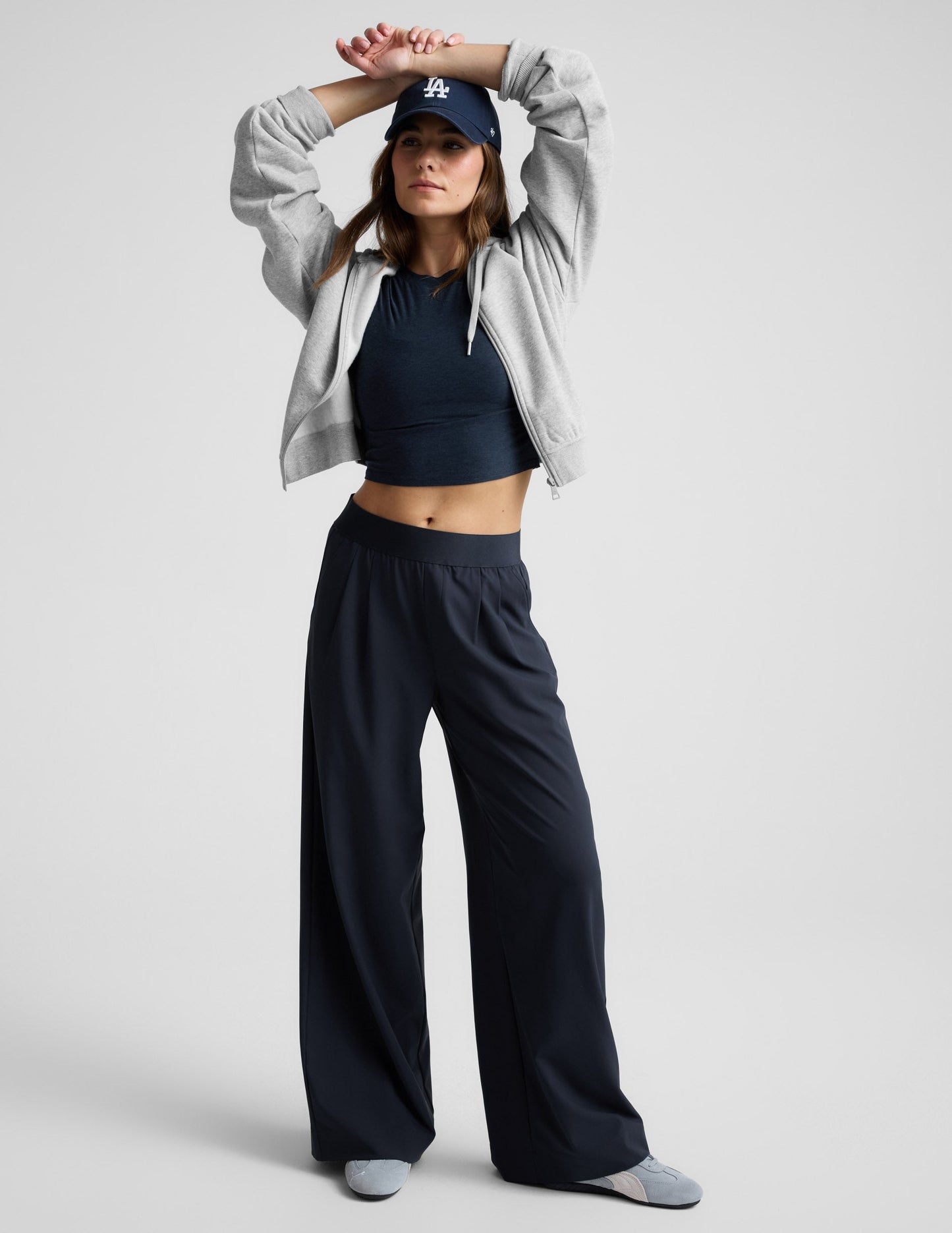 Navy wide-leg Elasticated Trouser Pant 29" with a mid-rise pleated elastic waistband on a model.