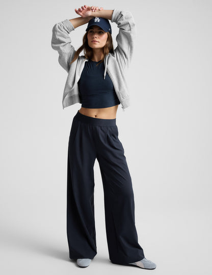 Navy wide-leg Elasticated Trouser Pant 29" with a mid-rise pleated elastic waistband on a model.