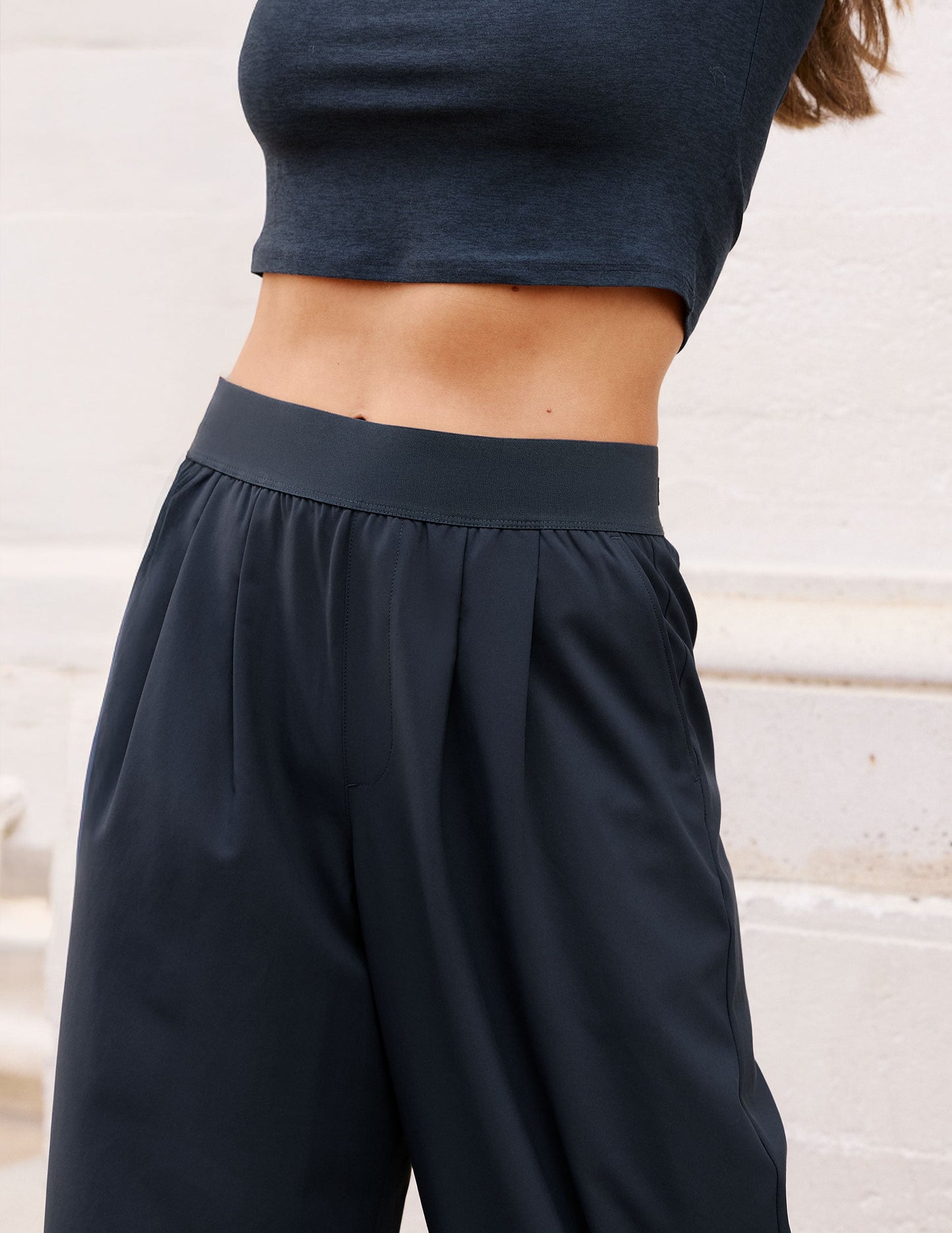Navy Elasticated Trouser Pant 29" featuring a mid-rise elastic waistband and pleated front in a wide-leg style.