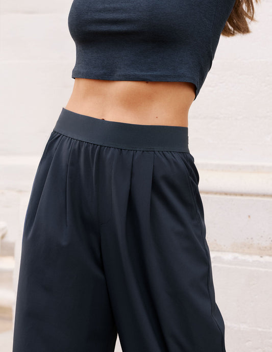 Navy Elasticated Trouser Pant 29" featuring a mid-rise elastic waistband and pleated front in a wide-leg style.
