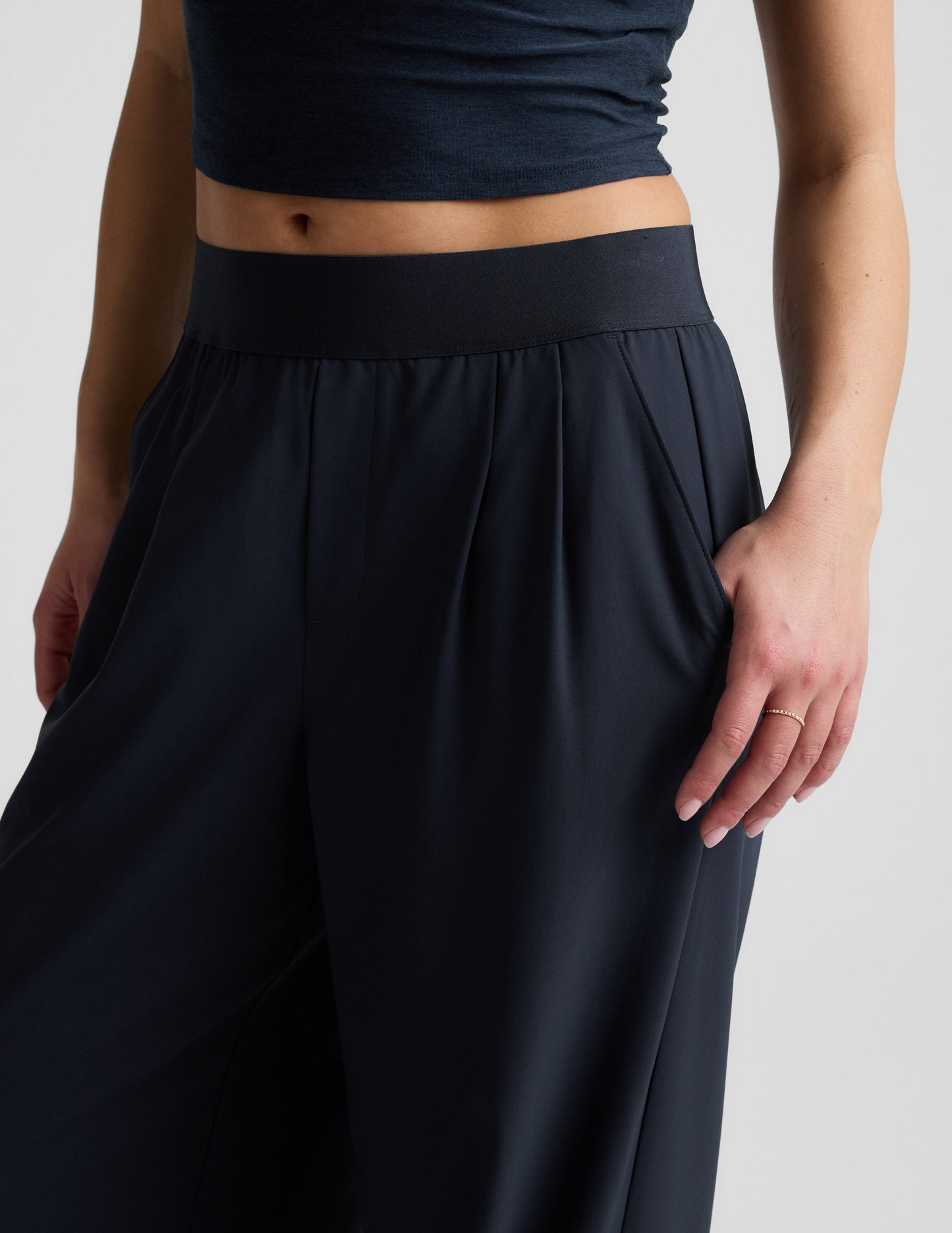 Navy Elasticated Trouser Pant 29" with a wide mid-rise elastic waistband, front pleats, and slanted side pockets.