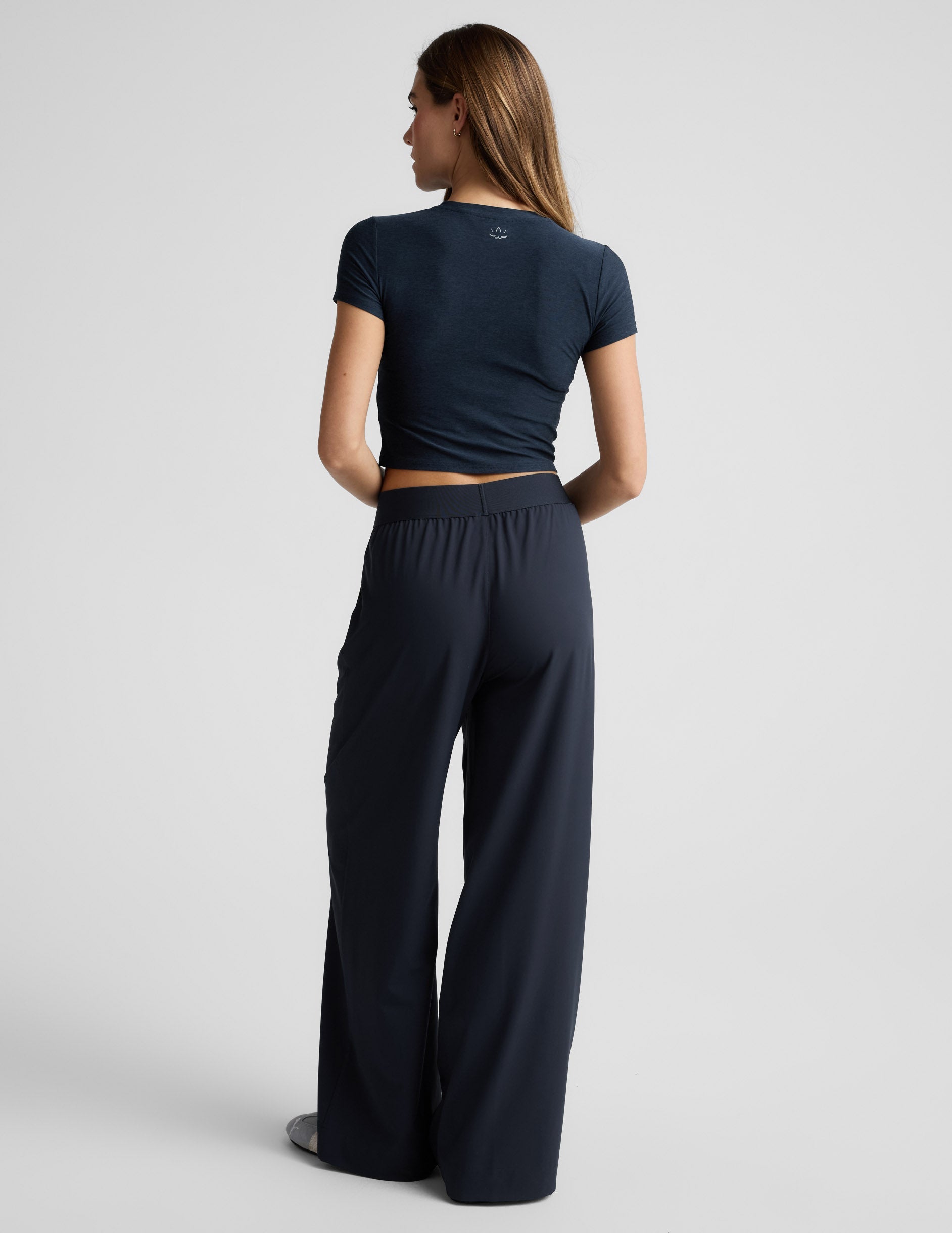 Rear view of navy Elasticated Trouser Pant 29" featuring a wide leg silhouette and mid-rise elasticated waistband.