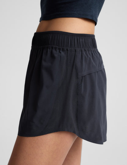 Side profile of navy Solemate 2.5" Short showing the gathered elastic waistband and perforated mesh side panels.