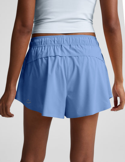 Back view of the blue Solemate 2.5" Short with a gathered elastic waist, vented back, and breathable perforated side panels.