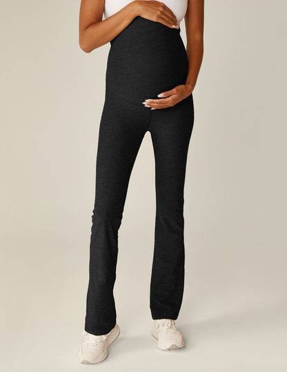 Spacedye Practice Maternity Pant in black marled fabric with a high over-the-bump waist and flared bootcut leg.