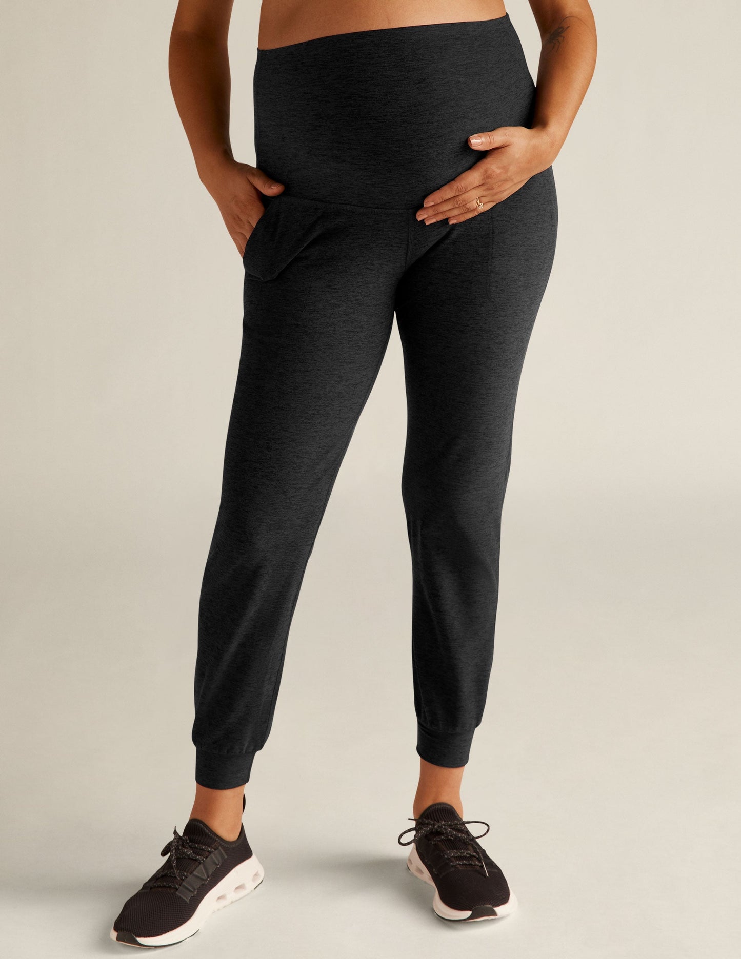 Spacedye Beyond the Bump Maternity Midi Jogger in Darkest Night marled black with high bump-panel, pockets, and banded cuffs.