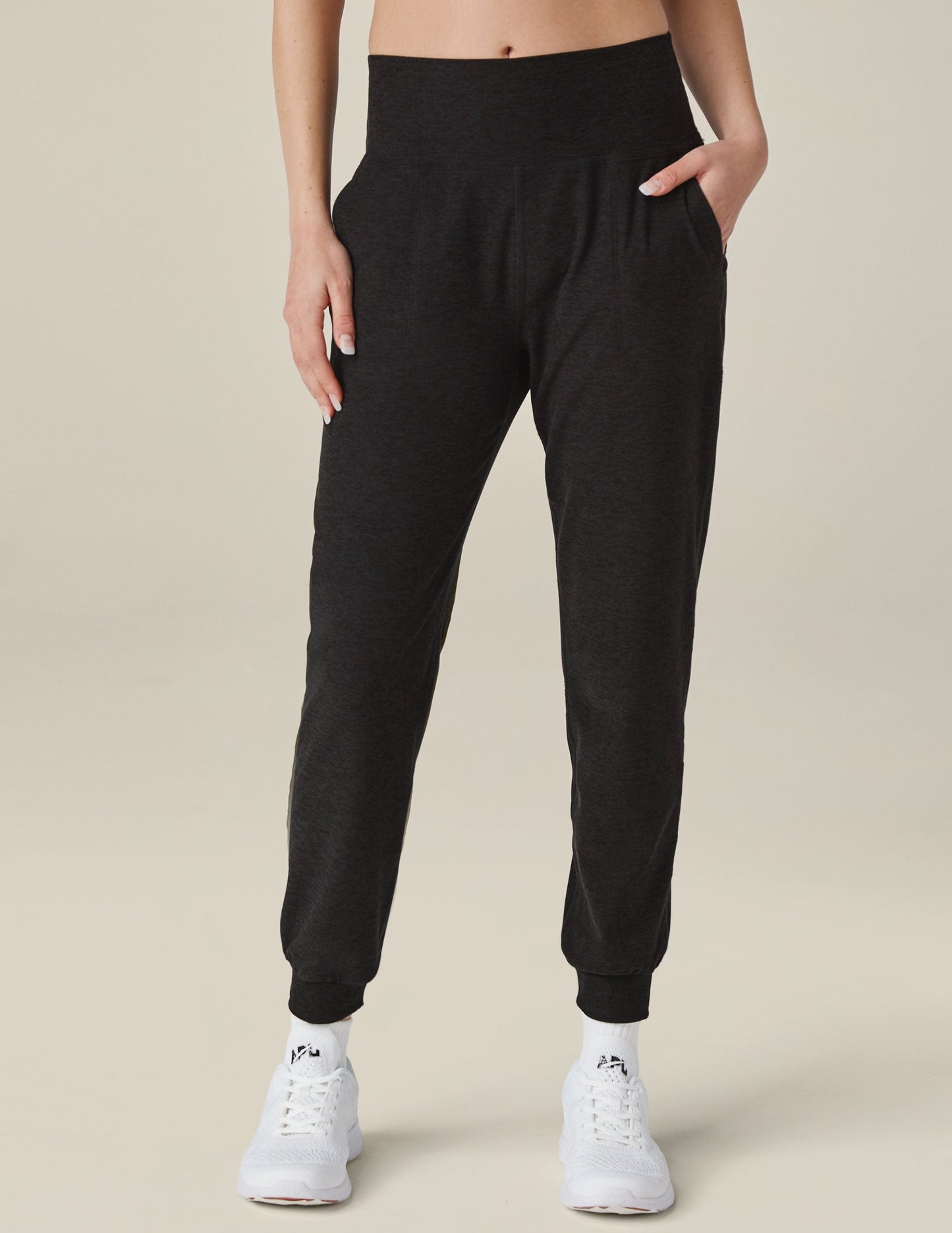 Black Spacedye Midi Jogger featuring a high wide waistband, slant pockets, and tapered legs with banded cuffs at the ankle.