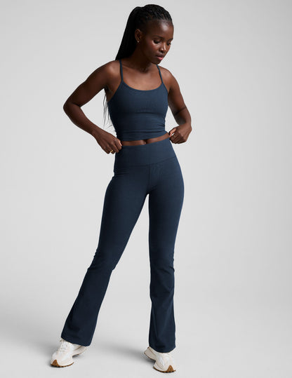 Navy Spacedye Mid-Rise Bootcut Pant in navy on a model with a matching top, featuring a snug fit and flared leg silhouette.
