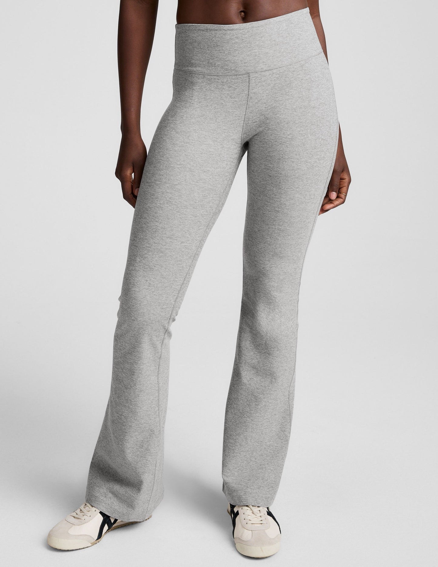 Spacedye Mid-Rise Bootcut Pant in light gray heather, featuring a wide waistband and a slim fit through the flared leg.