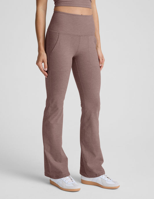 Spacedye High Waisted Practice Pocket Bootcut Pant 31 in brown with a flared leg, front pockets, and wide high waistband.