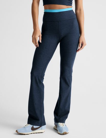 Spacedye Layered Bootcut Pant in navy with a light blue contrast waistband and full-length bootcut leg.