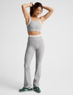 Gray marled Spacedye Layered Bootcut Pant on a model, featuring a white double-layer waistband and a flared bootcut leg.