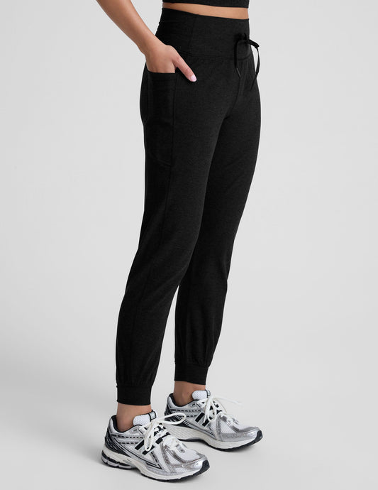 Profile of black Spacedye Go Pocket Jogger featuring a high drawstring waist, side pockets, and cuffed ankles.