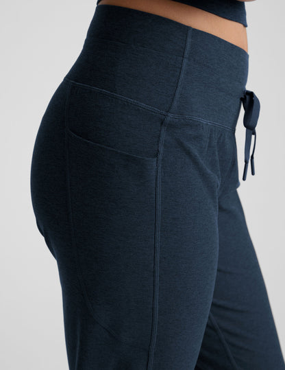 Navy Spacedye Go Pocket Jogger featuring a high waist, drawstring tie, and side pocket in a soft, textured fabric.
