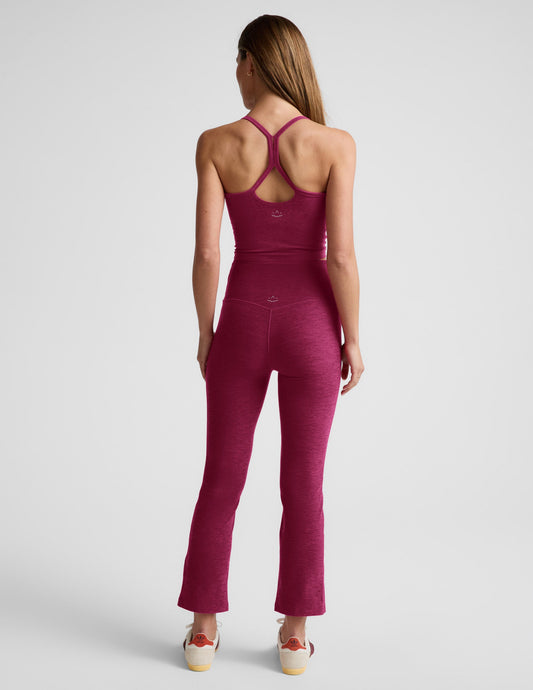 Rear view of model in maroon Spacedye Pintuck Kick Flare High Waisted Pant, showing the bootcut fit and textured fabric.