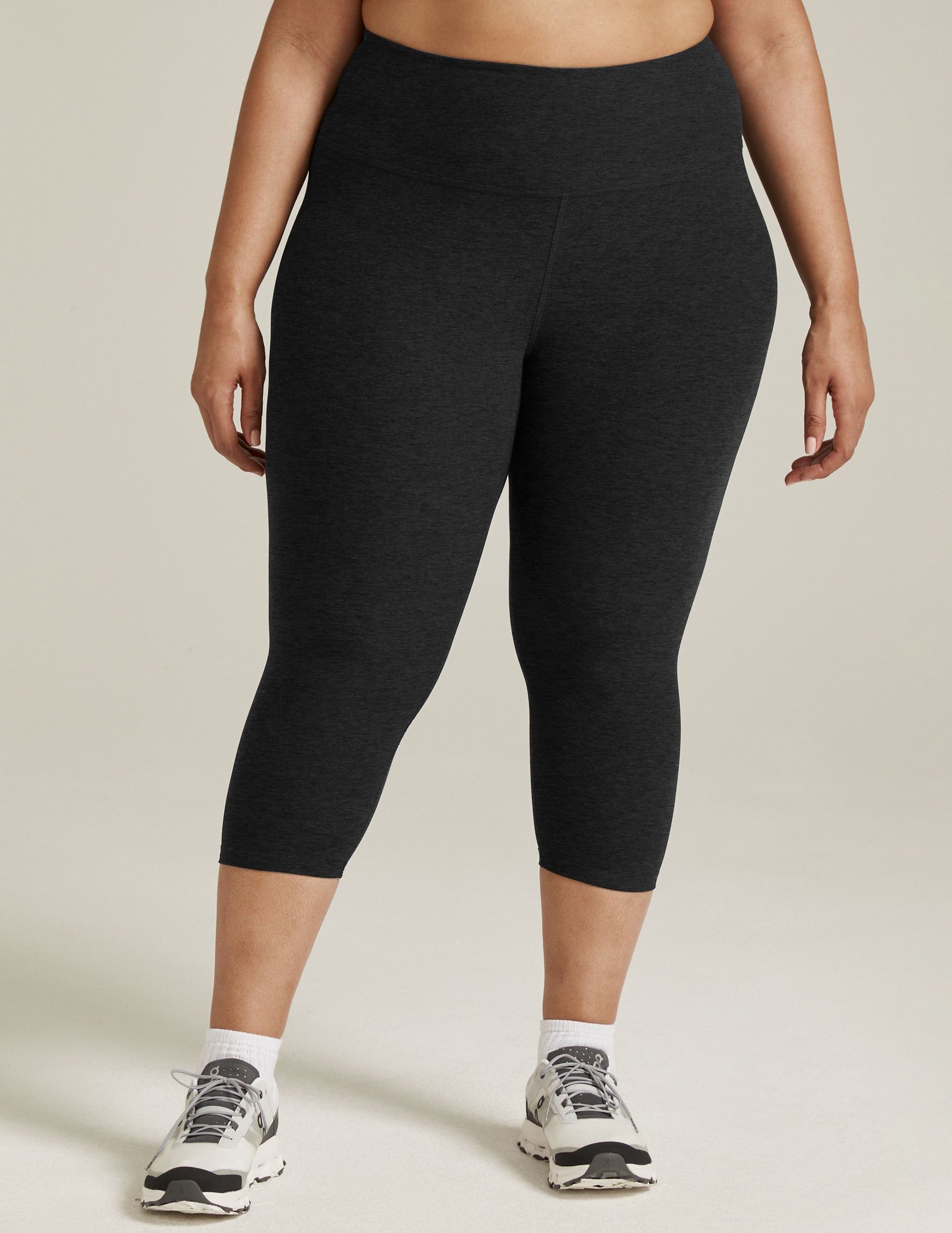 Front view of Spacedye Walk And Talk High Waisted Capri Legging in marled Darkest Night, featuring a calf-length cut.