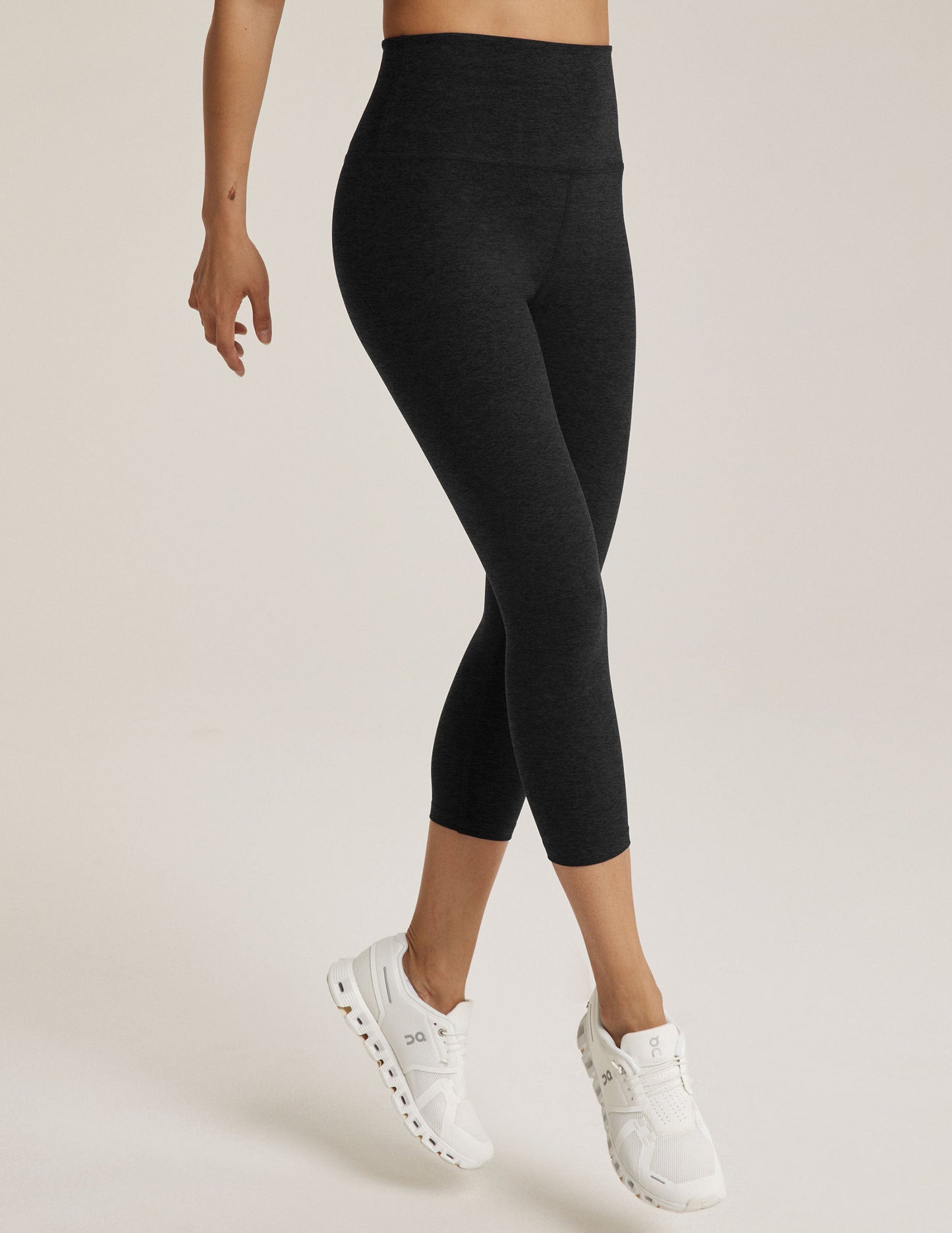 Spacedye Walk And Talk High Waisted Capri Legging in dark marled grey featuring a wide waistband and low calf length.