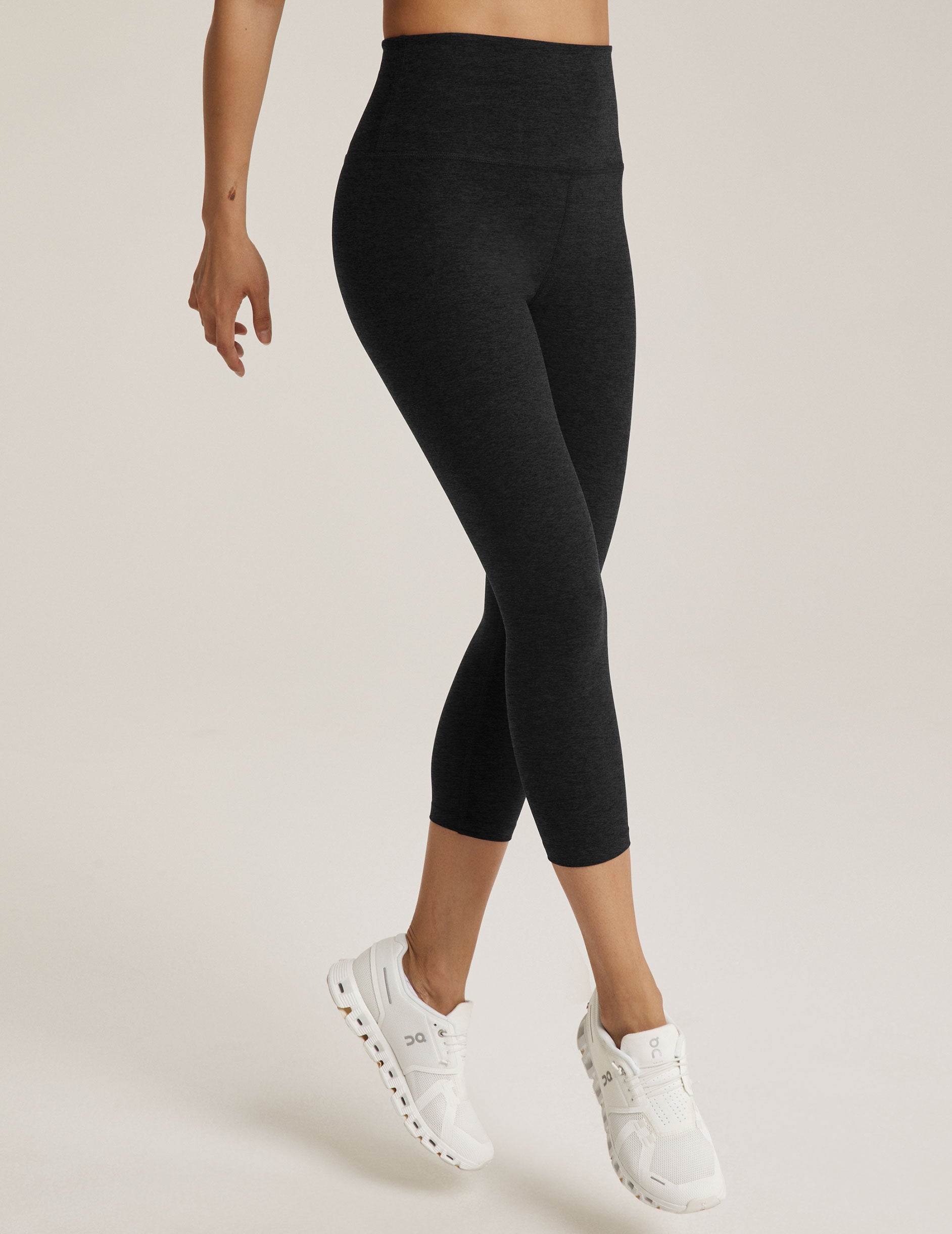 Spacedye Walk And Talk High Waisted Capri Legging in dark marled grey featuring a wide waistband and low calf length.