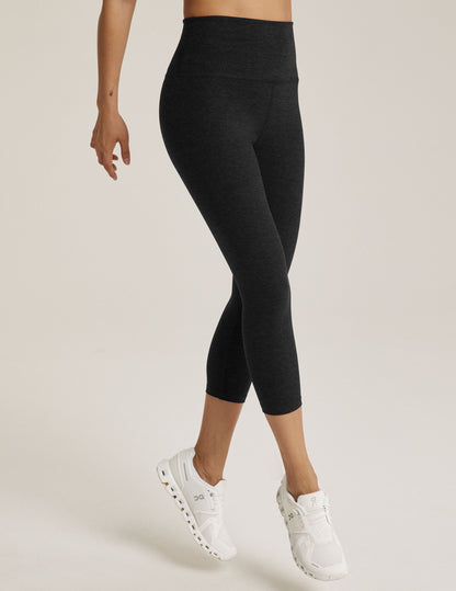 Spacedye Walk And Talk High Waisted Capri Legging in dark marled grey featuring a wide waistband and low calf length.