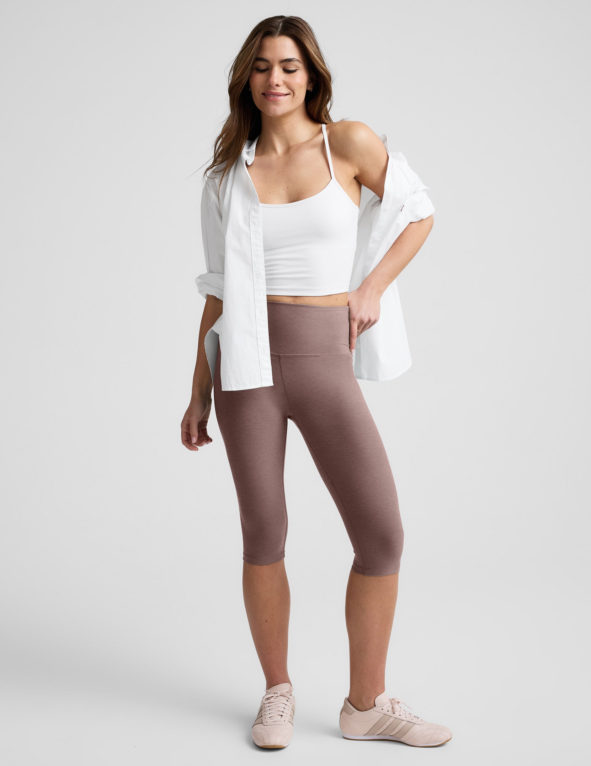 Brown Spacedye Pedal Pusher High Waisted Legging on a model, hitting below the knee with a wide, flattering waistband.